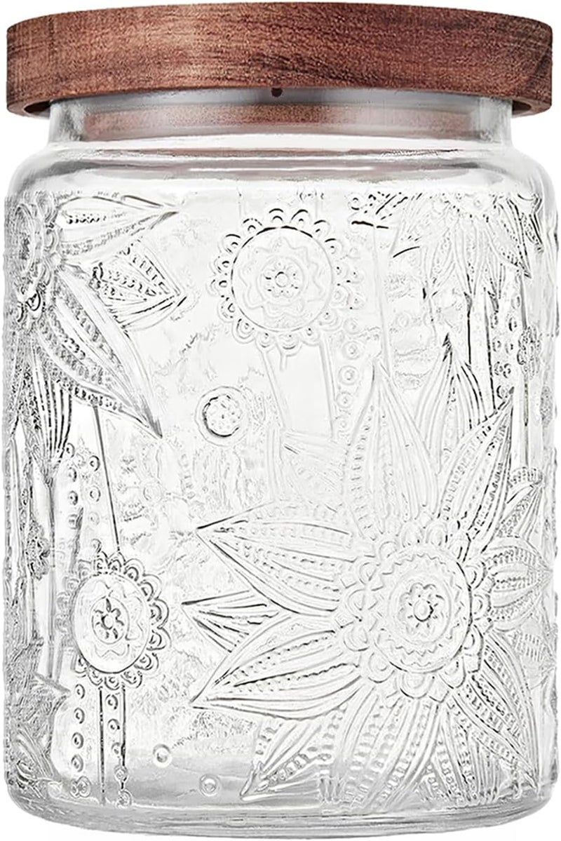 Custde 23.7 fl oz Vintage Glass Jar with Wooden Lid, Airtight Decorative Food Storage Canisters for Kitchen Counter, Ideal for Candy, Sugar, Coffee,salt, tea - Image 1